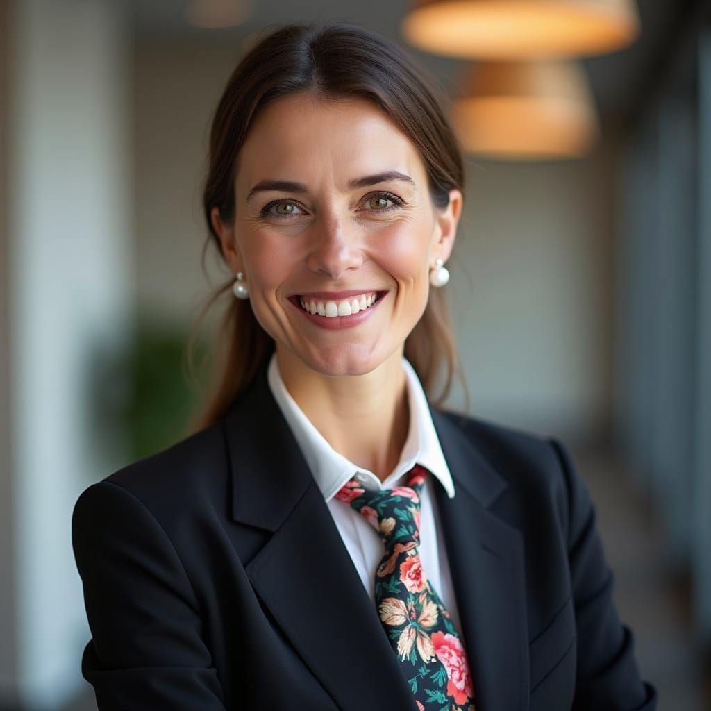 Elegant Businesswoman in Power Suit with Vibrant Floral Tie