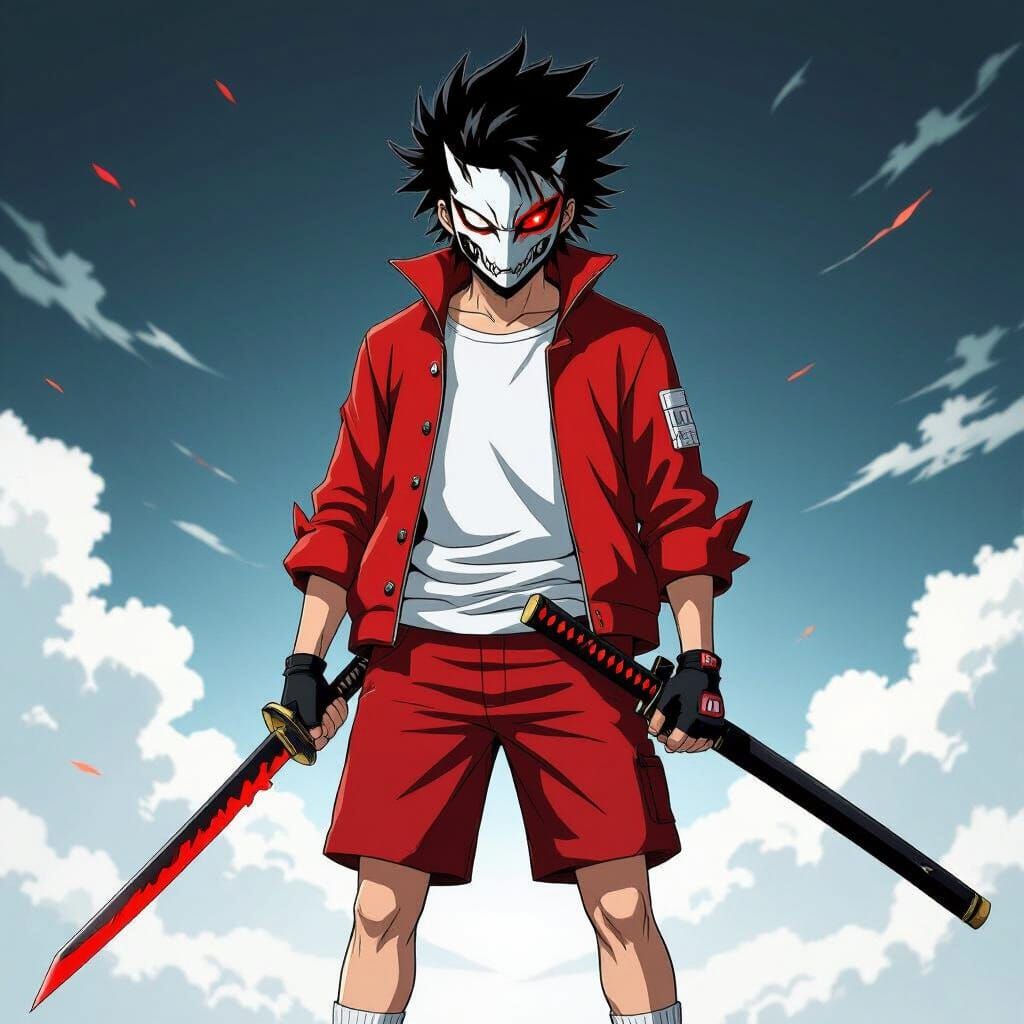 Denji-like Character with Dragon Mask and Katana in Anime St...