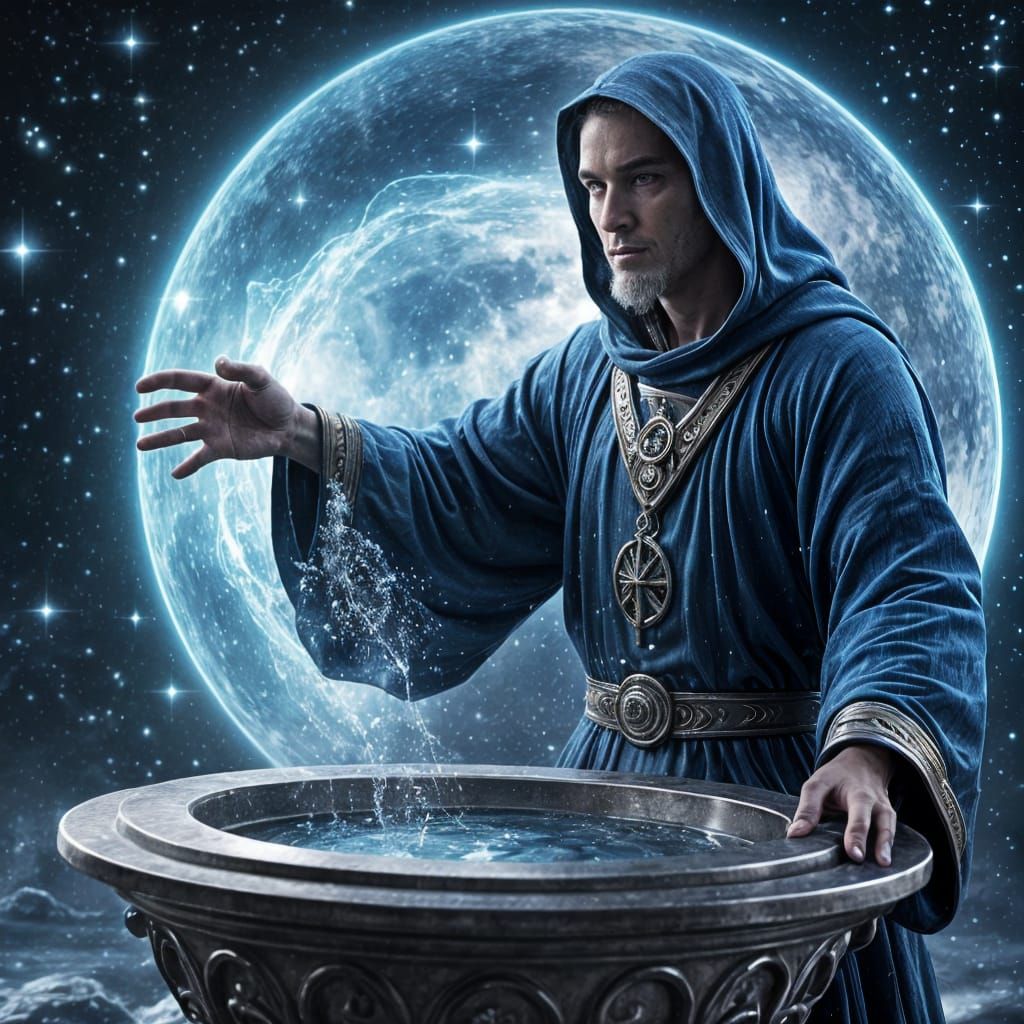 Aquarius: 3D Prophet in Cosmic Void with Flowing Robes