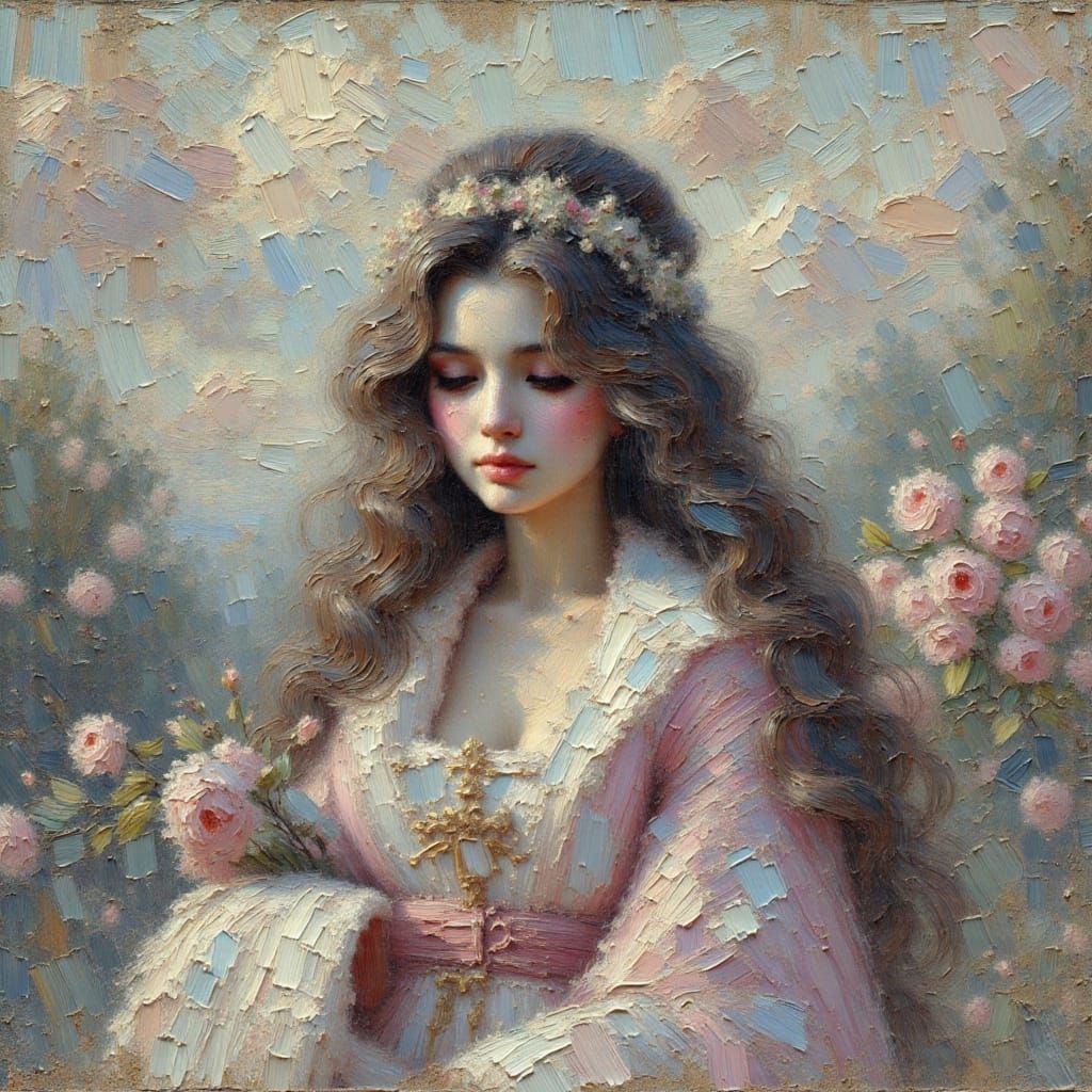 Dreamy Painting of a Woman in Pastel Pink