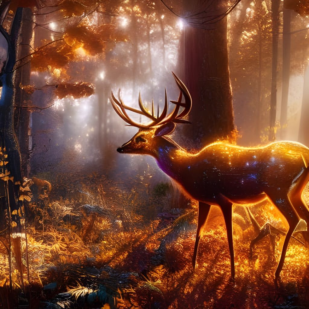 Golden Deer in Lit Autumn Forest: Fantasy Art