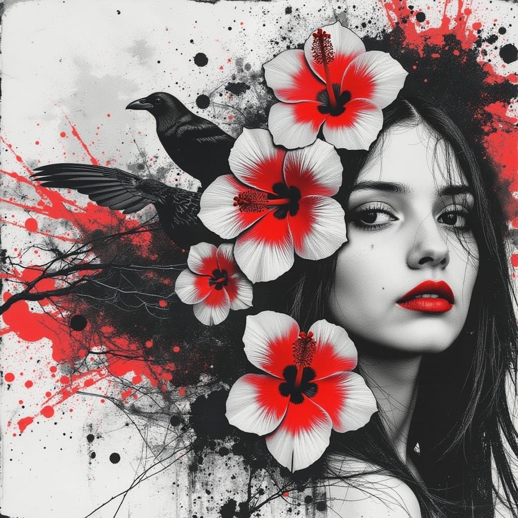 Woman Surrounded by Hibiscus Flowers in Surreal Style