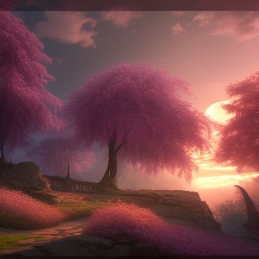 Sunset Behind Blossom Tree in Detailed Matte Painting