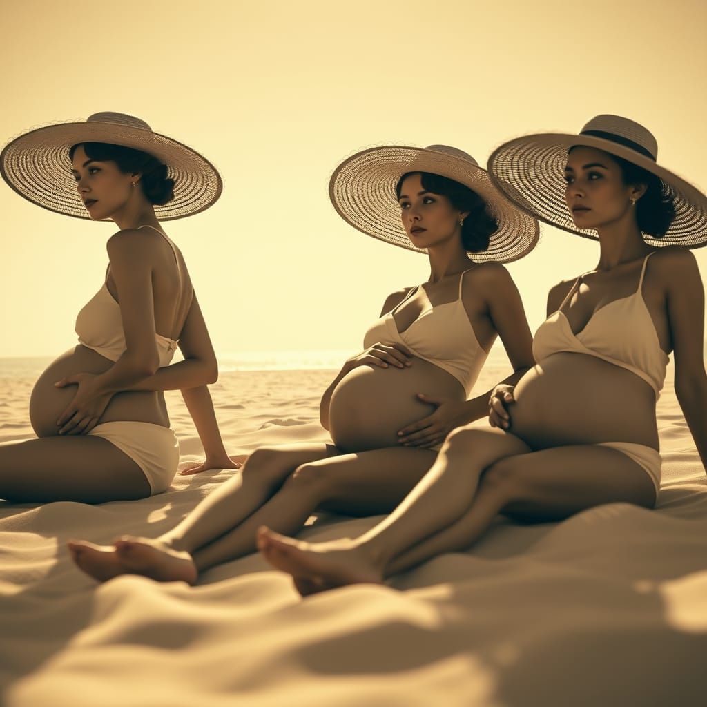 Elegant Pregnant Models in Vintage Swimwear and Straw Hats