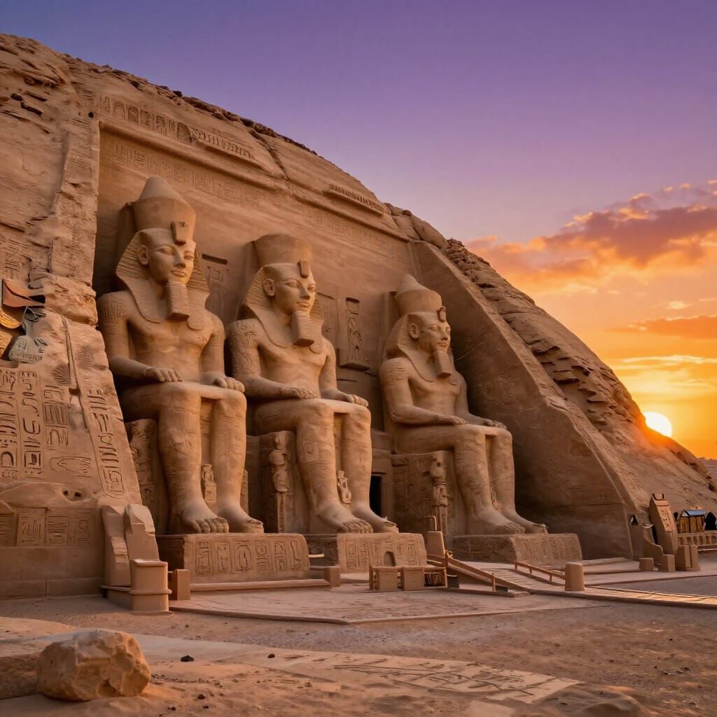 Egyptian Temple at Desert Sunset in Photorealistic Style