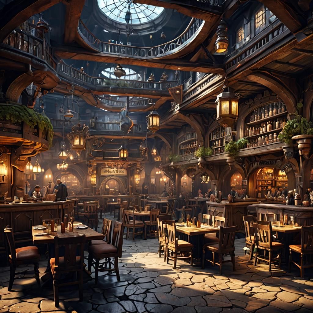 Fantastical Tavern Scene in High Fantasy Style