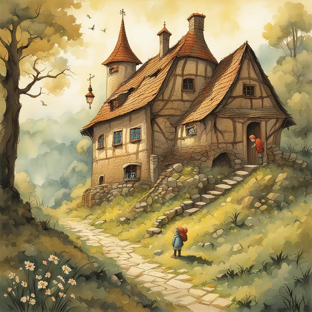 Whimsical Storybook Scene in Watercolor Style