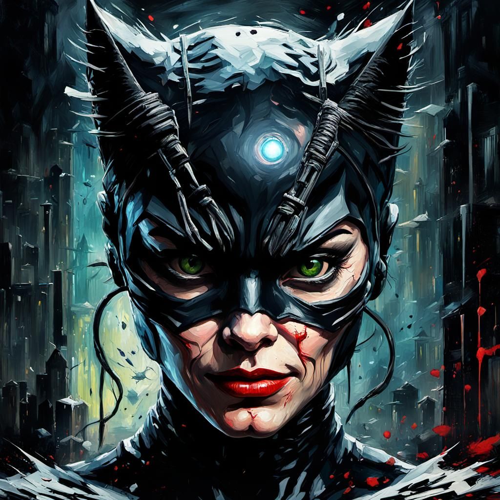 Grotesque Catwoman Portrait in Impressionist Style