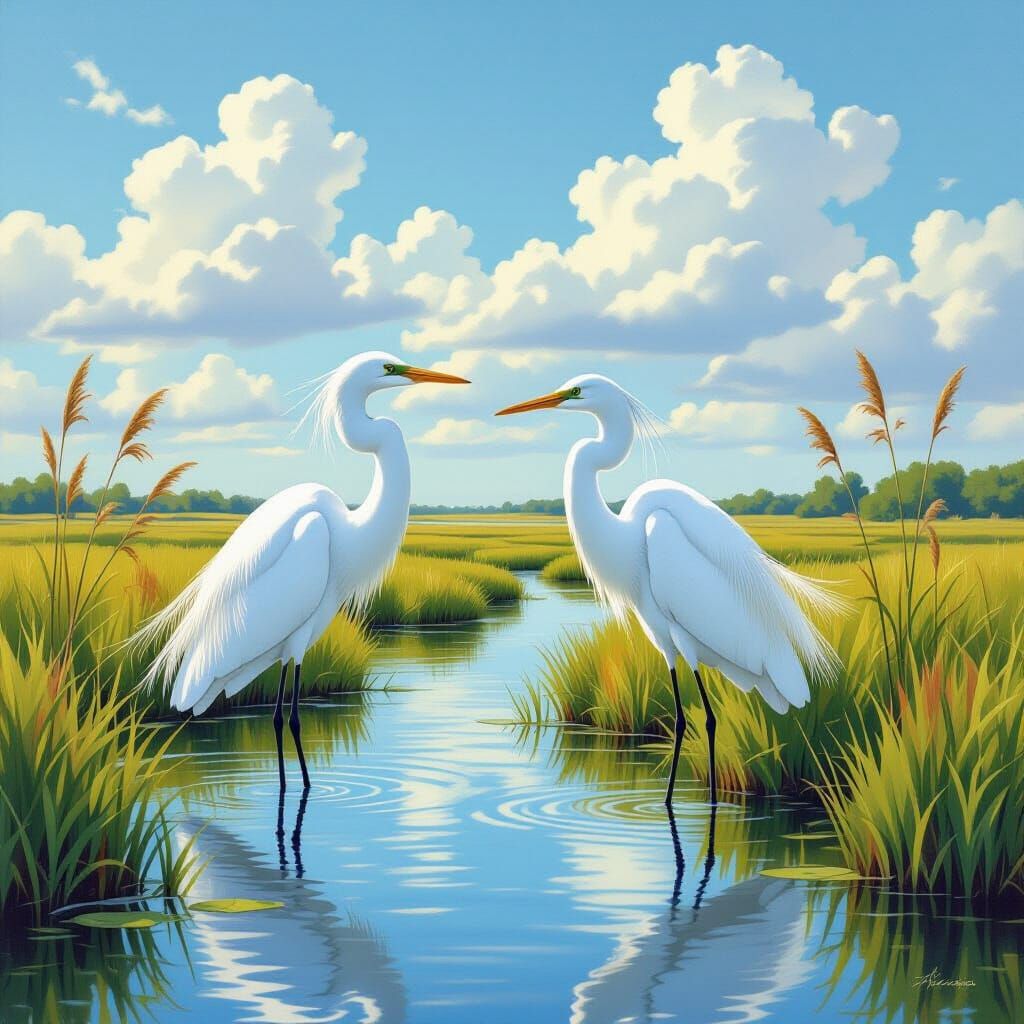 White Egrets in Marshland, Naturalistic Watercolor Painting