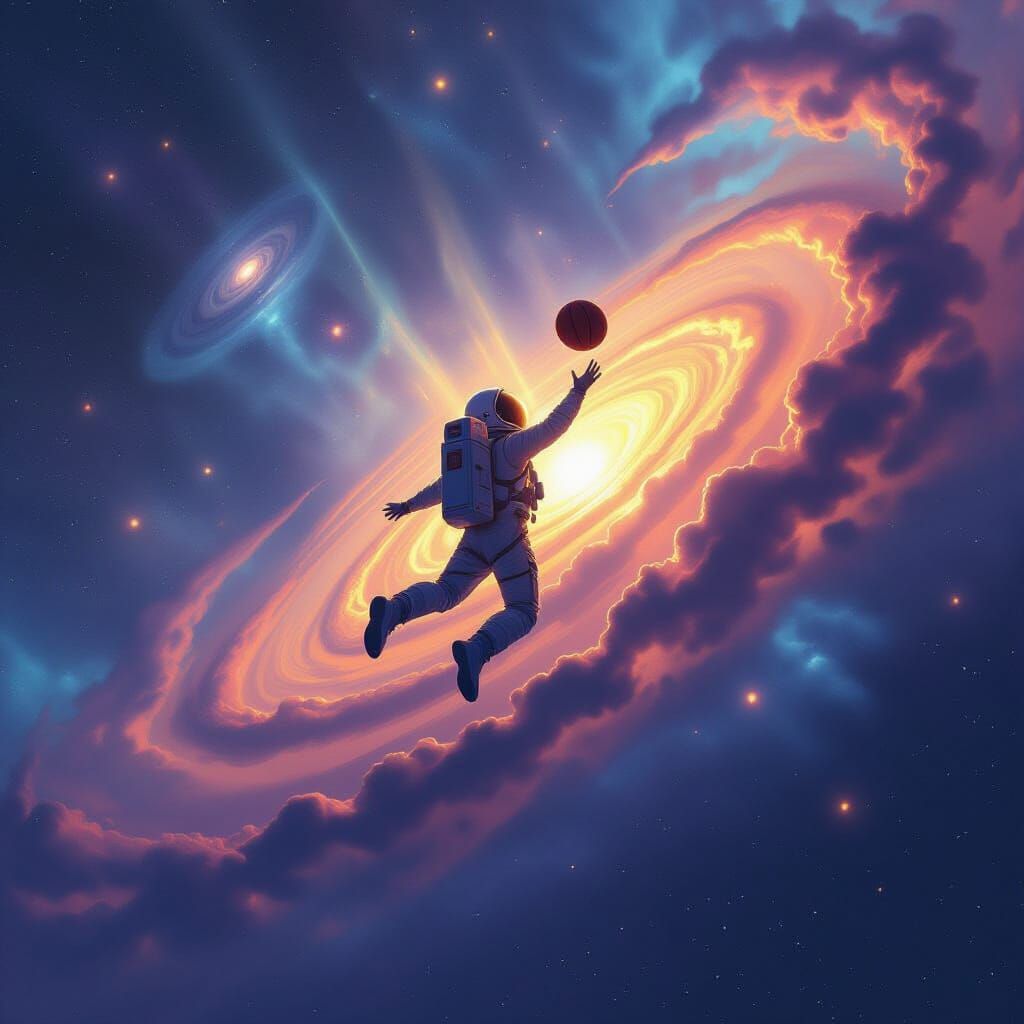 Astronaut Leaping for Cosmic Basketball in Nebula