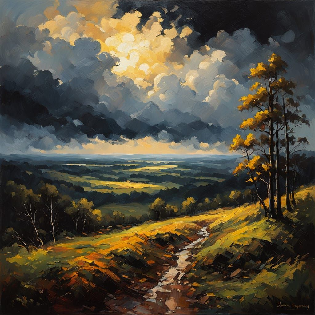 Golden Light in Moody Woodland Landscape