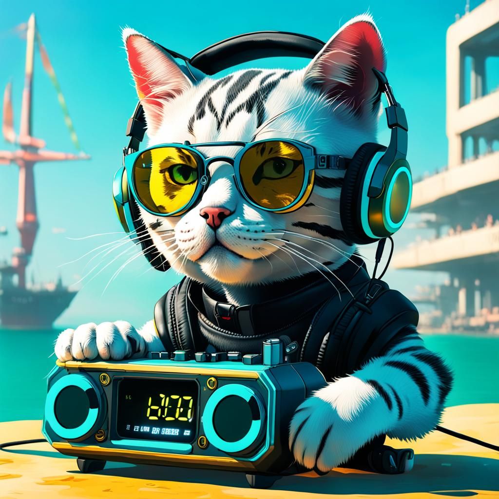 Cyberpunk Cat Stealing Clock in Neon Sea