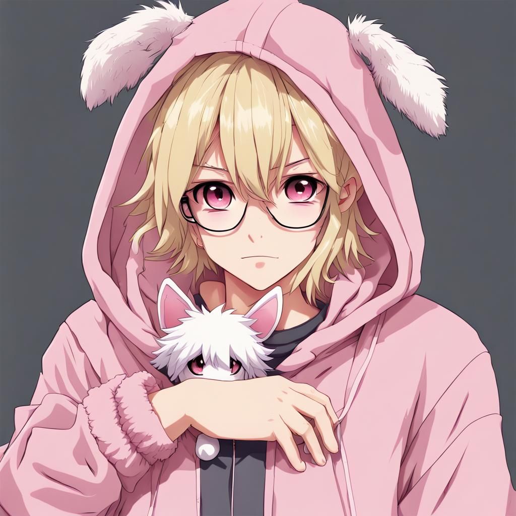 Anime-Style Femboy with Dog Ears and Pink Hoodie