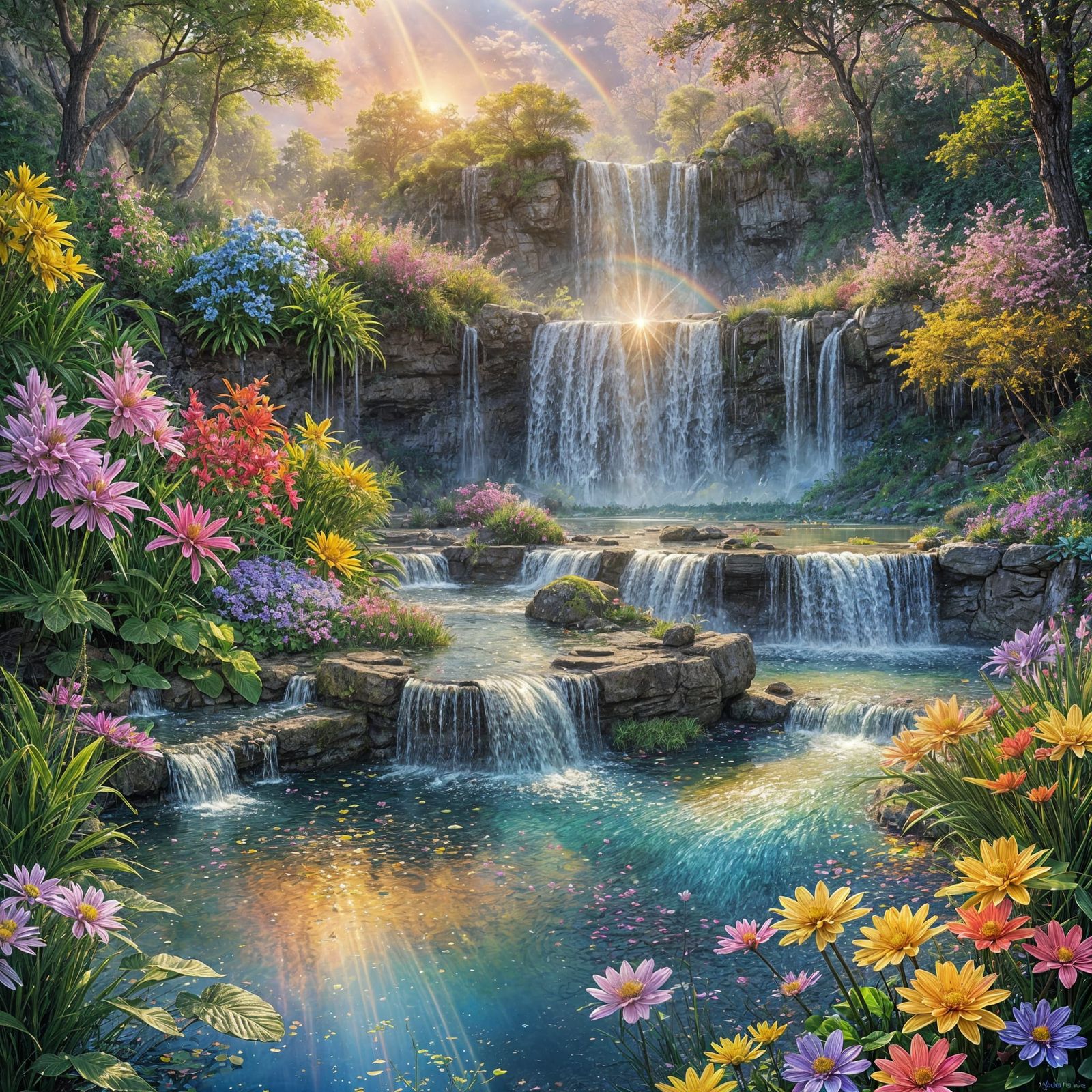 Rainbow Waterfall in Crystalline Fantasy Landscape