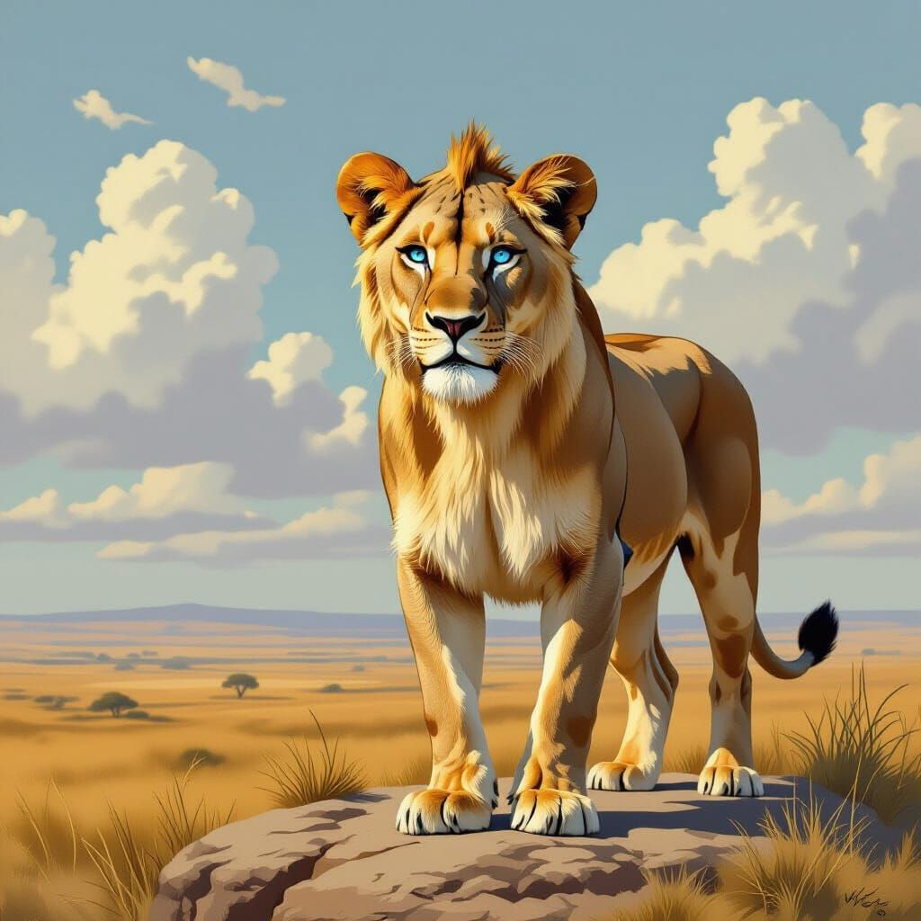 Blue-Eyed Lioness Overlooking Savannah, Dramatic Realism