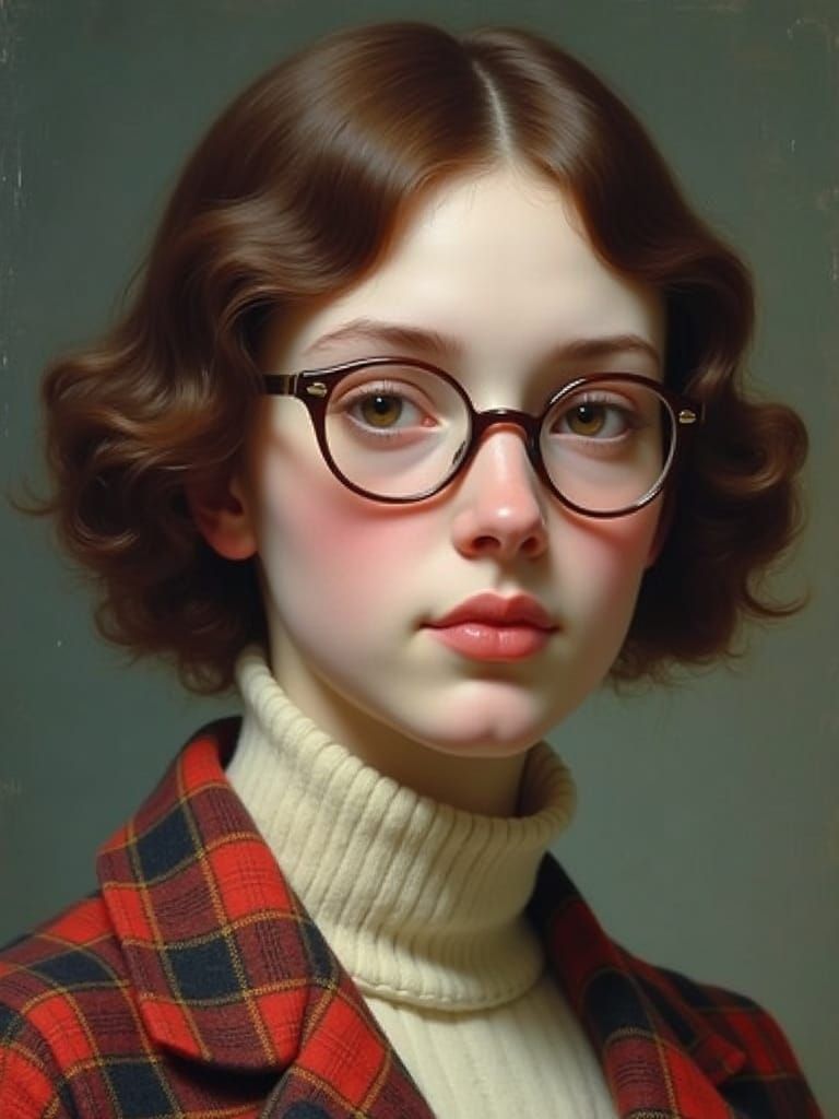 Woman with Burgundy Hair and Glasses in Check Jacket
