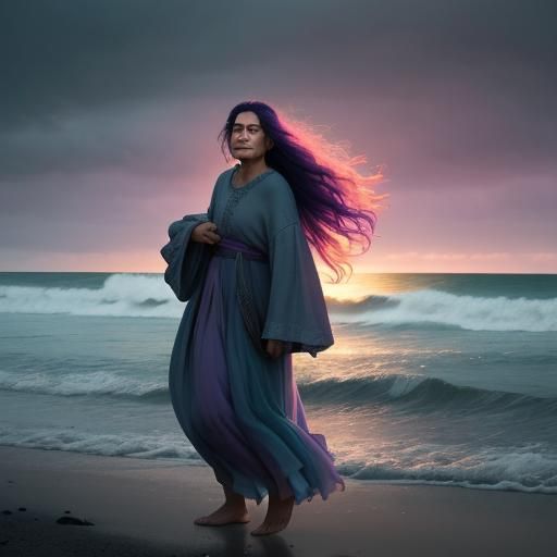 Weeping Maori Woman Observes Wild Surf: Surrealist Image