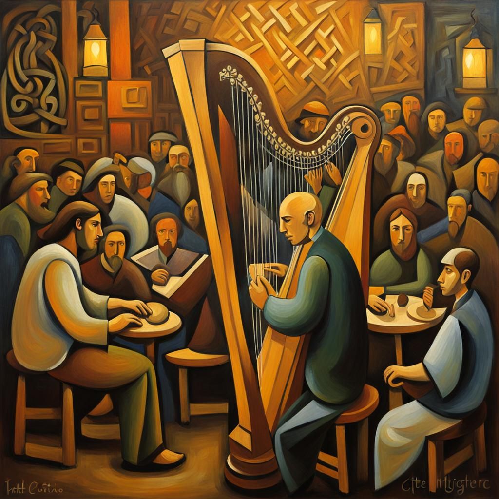 Celtic Musician in Bustling Bar: Impressionistic Oil Paintin...