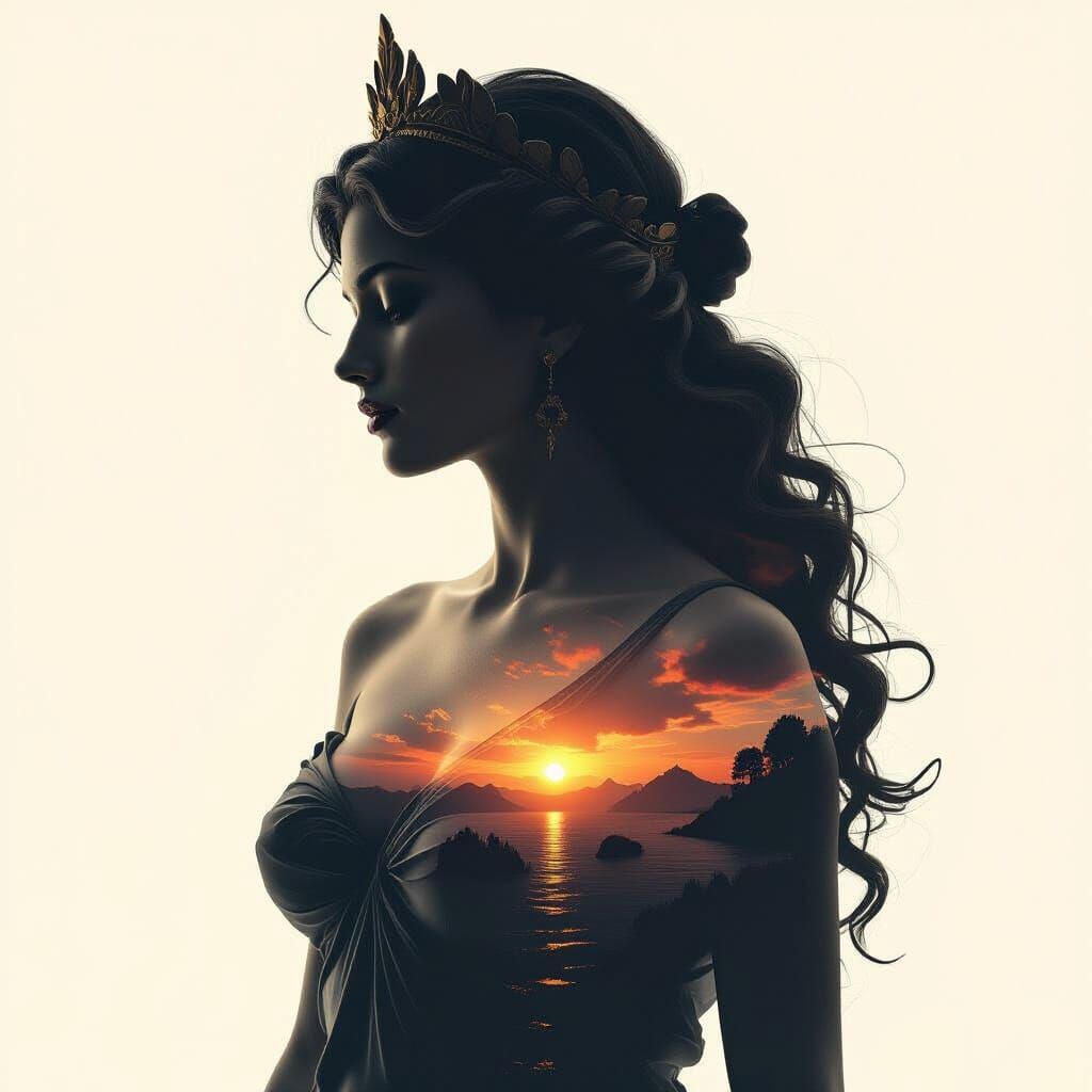 Aphrodite Silhouette in Double Exposure: Hyperrealistic Art