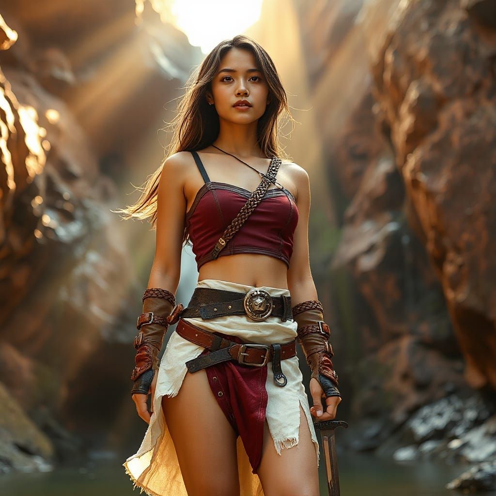 Malaysian Woman in Canyon with Waterfall and Sunbeams