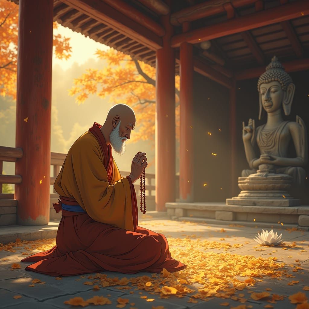 Ancient Japanese Temple Scene in Whimsical Realism