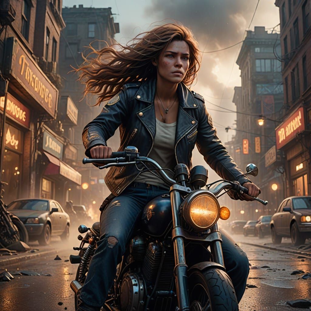 Woman Rides Vintage Motorcycle in Freedom-Filled Cityscape