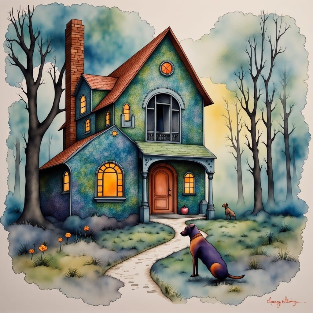 Fine House with Two Loyal Canines in a Futuristic Yard