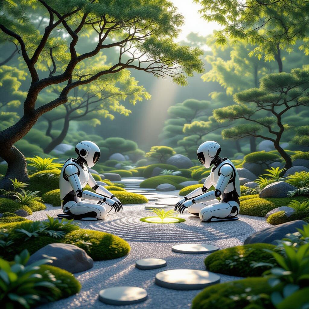 Bioluminescent Zen Garden with Robotic Gardeners