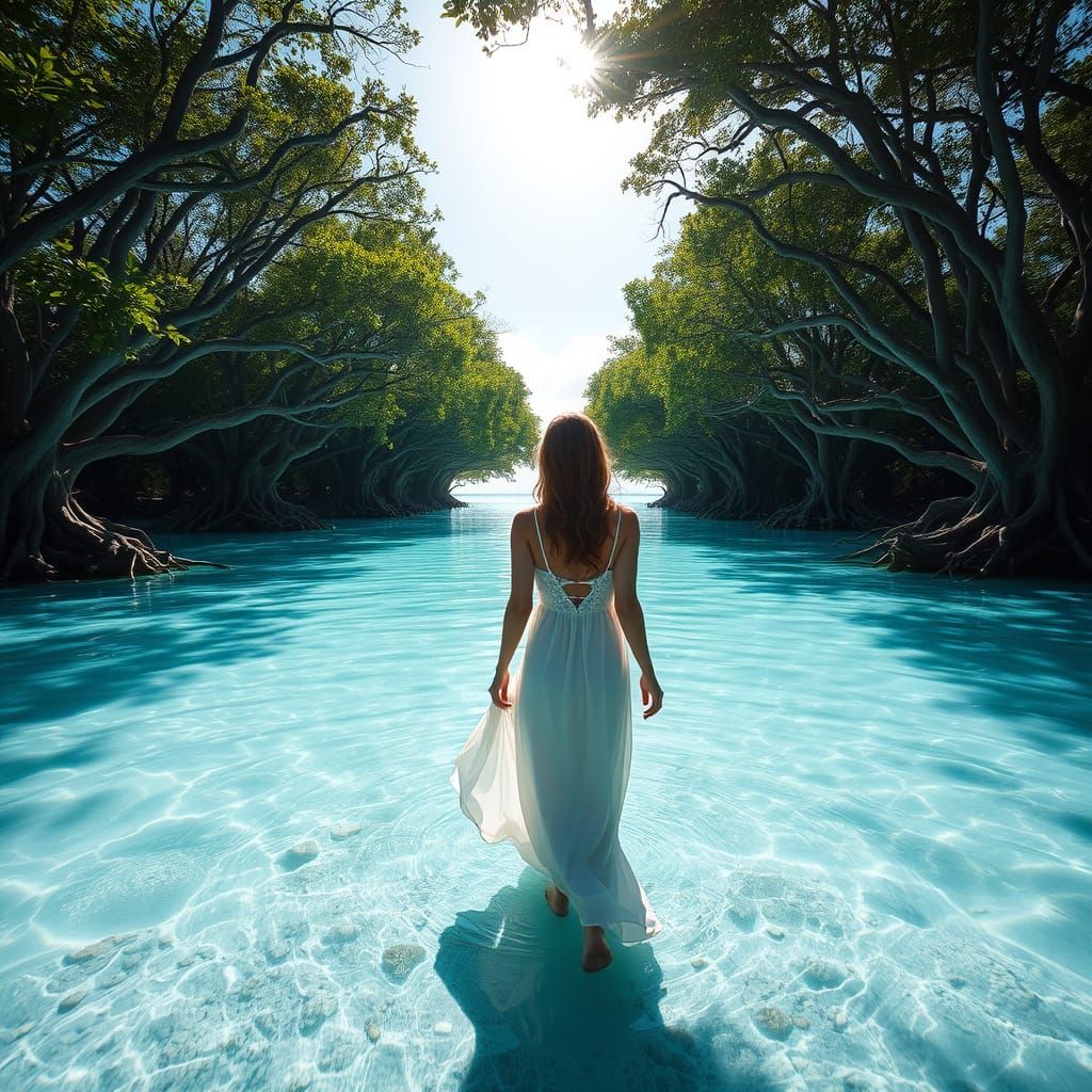 Woman in Turquoise Lagoon: Hyperrealistic Coastal Scene