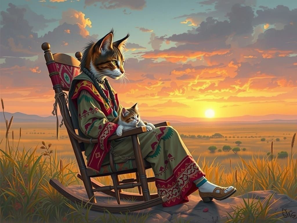 Calico Catgirl at Sunset in Digital Painting Style