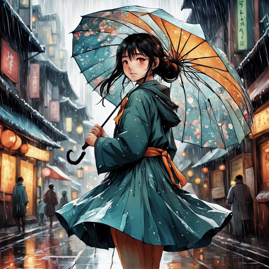 Whimsical Anime Girl Dances in the Rainy City Streets