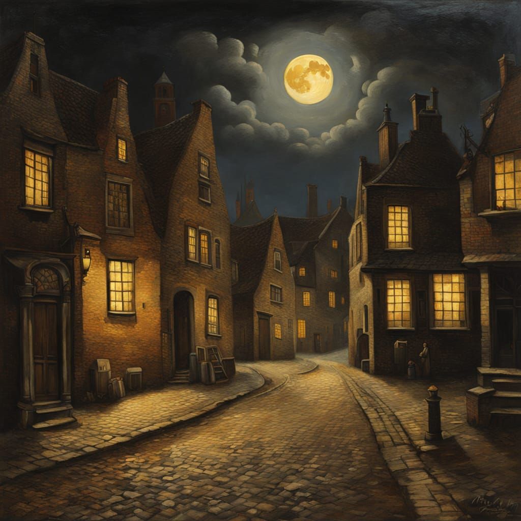 Dutch Golden Age Village Under Full Moon