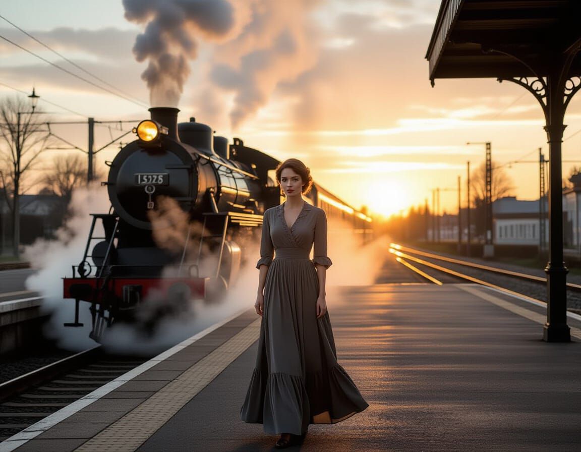 Woman on Train Platform in Cinematic Style