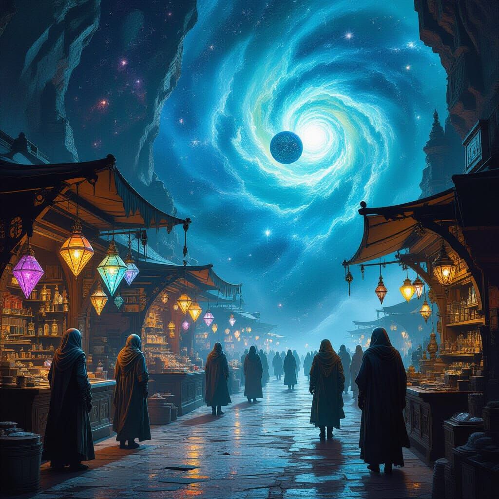 Exotic Alien Marketplace in Nebula, Matte Painting Style