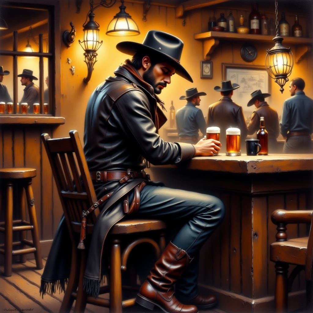 Rugged Cowboy at a Whiskey Bar in the Wild West