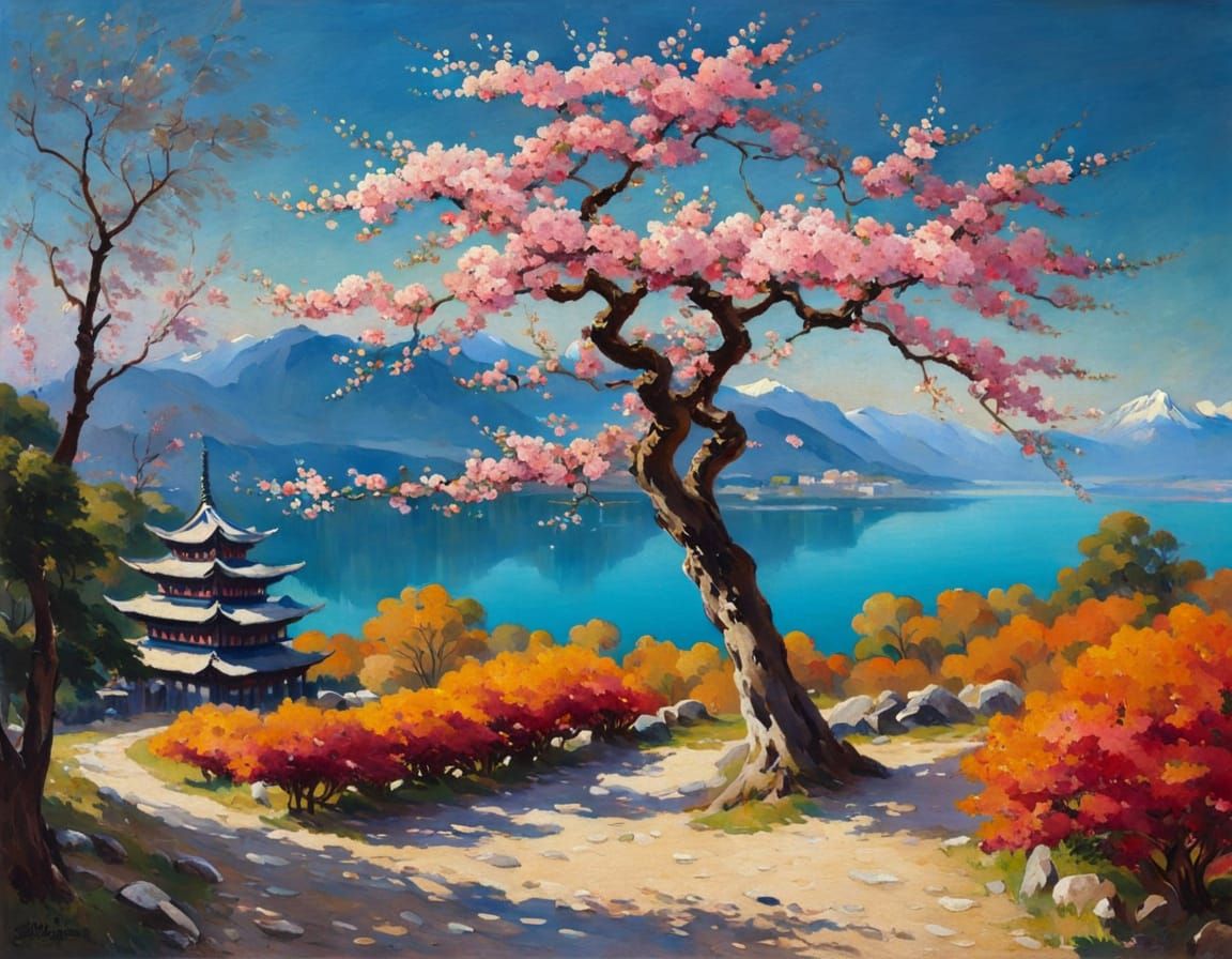 Sakura Tree in Traditional Japanese Landscape