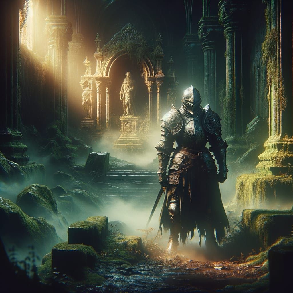 Tired Knight Before Ancient Shrine in Romantic Style