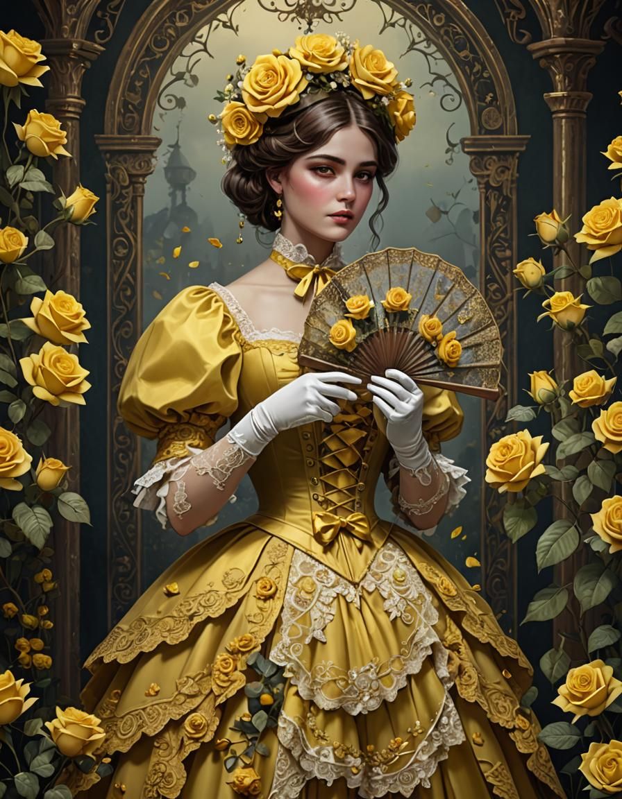 Victorian Woman in Yellow Roses, Detailed Digital Painting