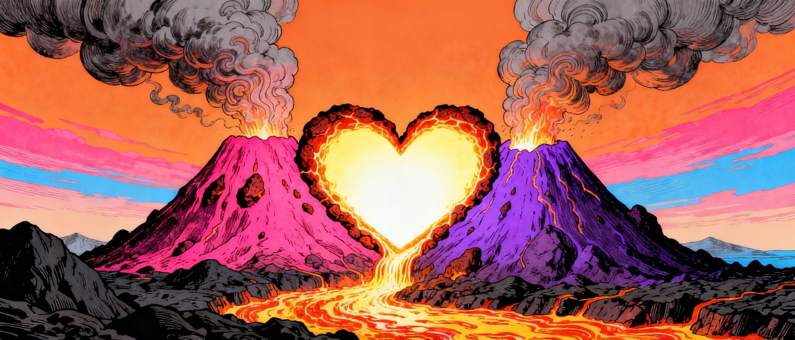 Volcanoes Shaped Like Hearts Erupting Together