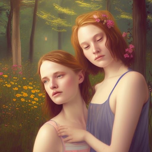 Sapphic Cottagecore: Two Women in Forest Painting