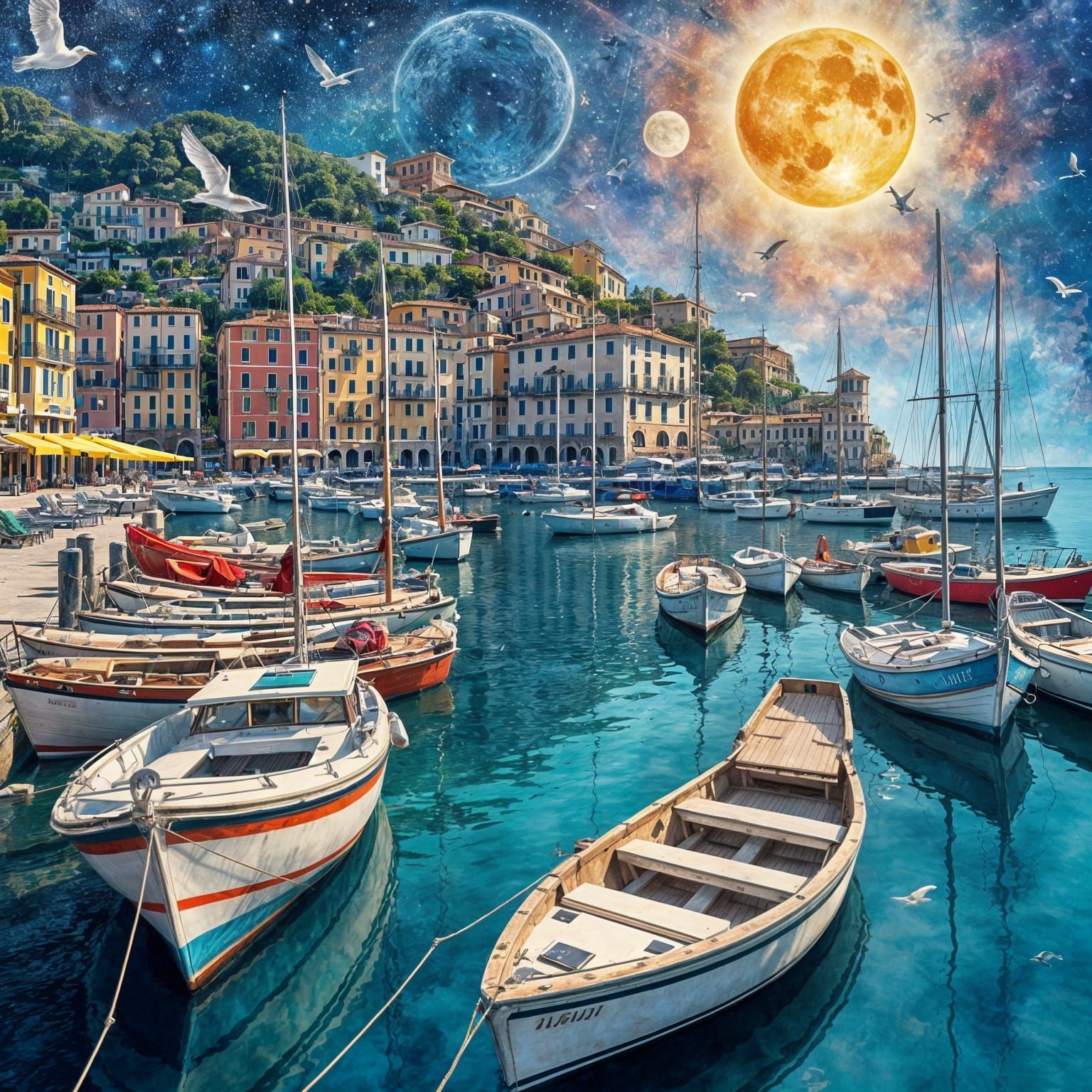 Portofino Bay: Astral Illustration in Mixed Media