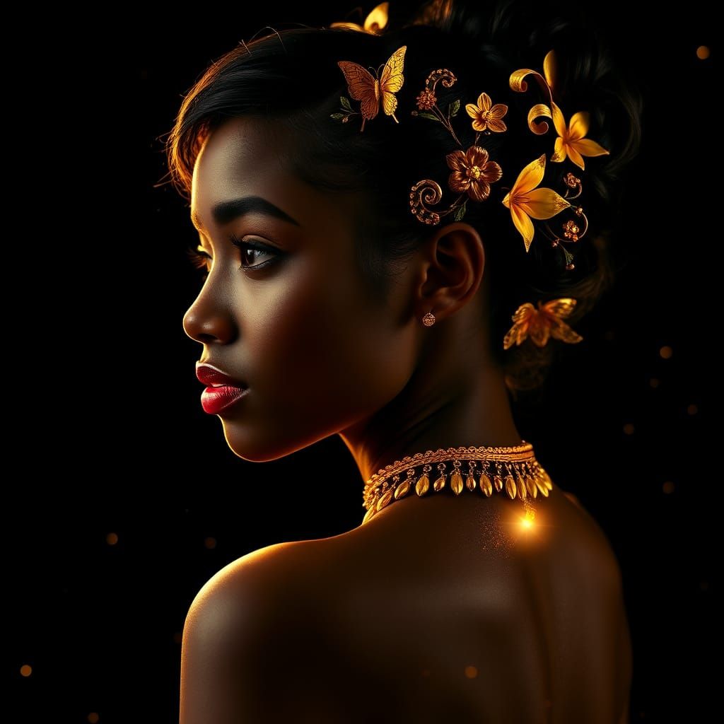 Contemplative Ebony Woman with Golden Adornments