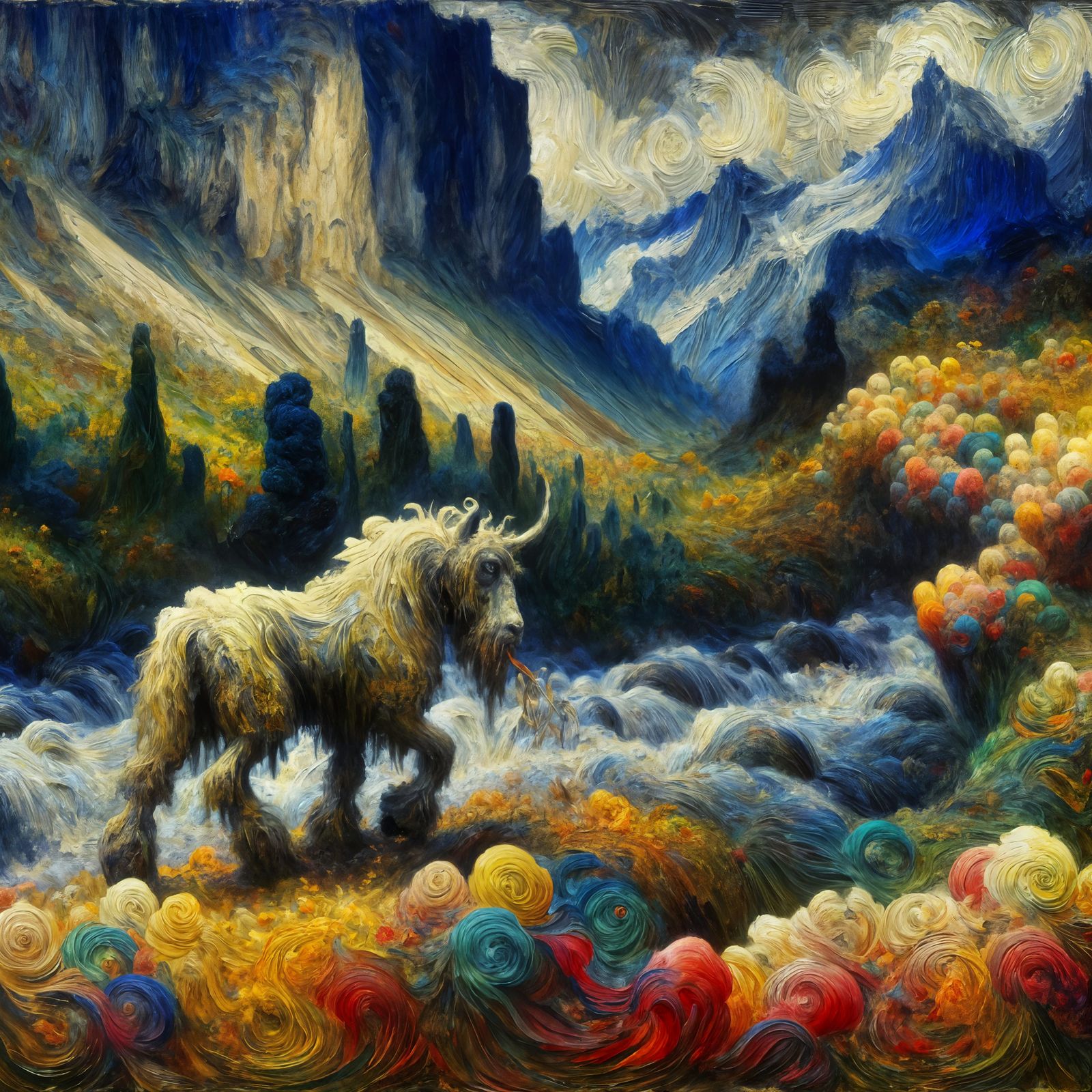Unique Creature in Chaotic Landscape: Impressionistic Oil an...