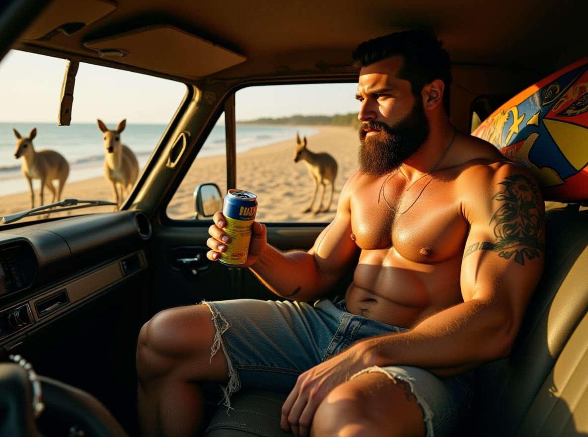 Australian Bodybuilder in a Rusty Car: Photorealistic Beach ...