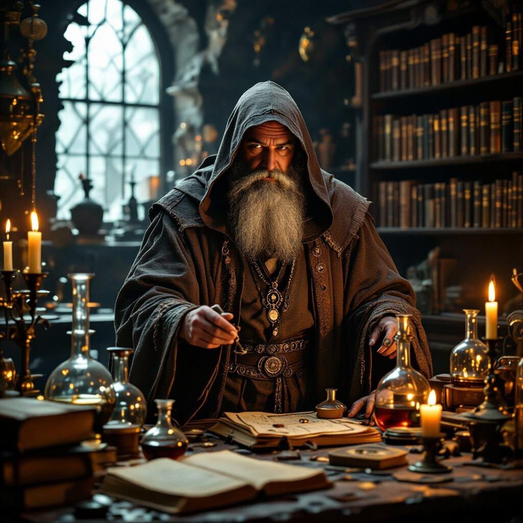 Mystical Alchemist in a Cinematic Library Scene