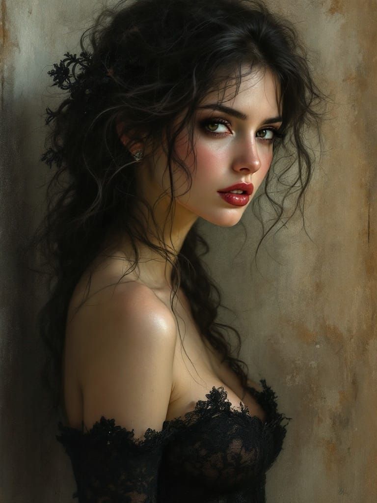 Dark Lace Beauty: Art Nouveau Tonalist Portrait