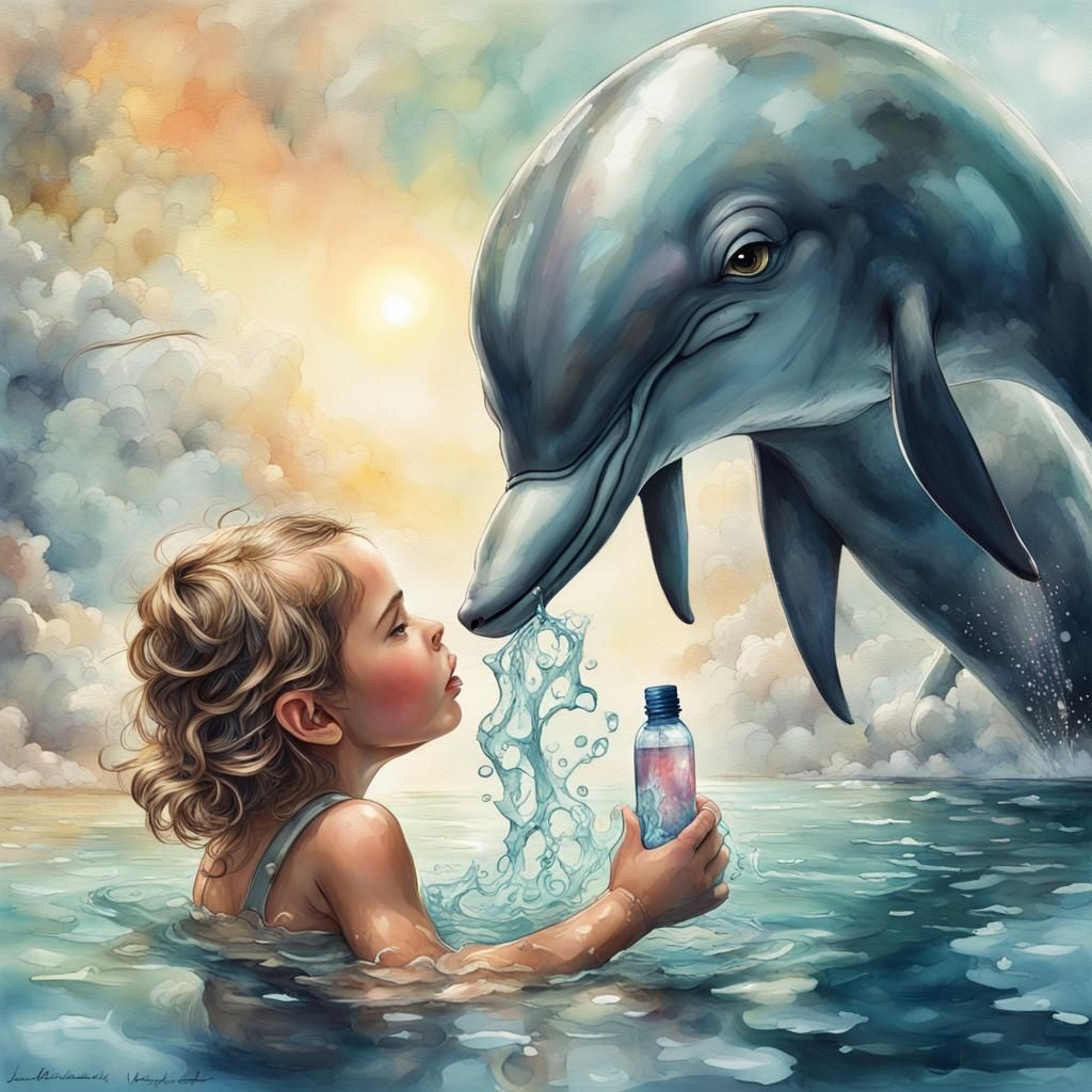 Beautiful little girl I bathingsuit,Kissing a dolphin.