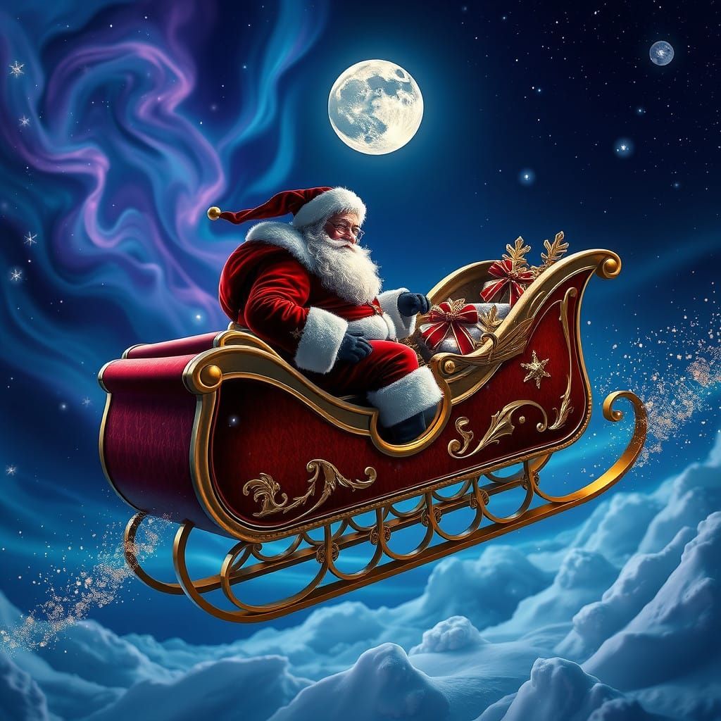 Regal Santa Claus soars through a Starry Night Sky in a Vibr...