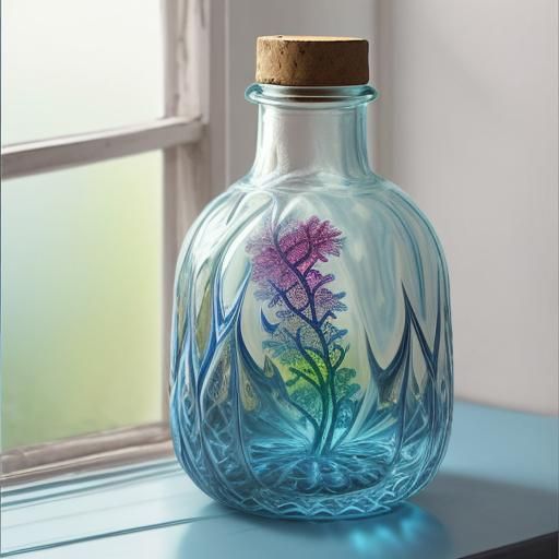 Fractal Glass Bottle on Windowsill: Colorful Digital Art