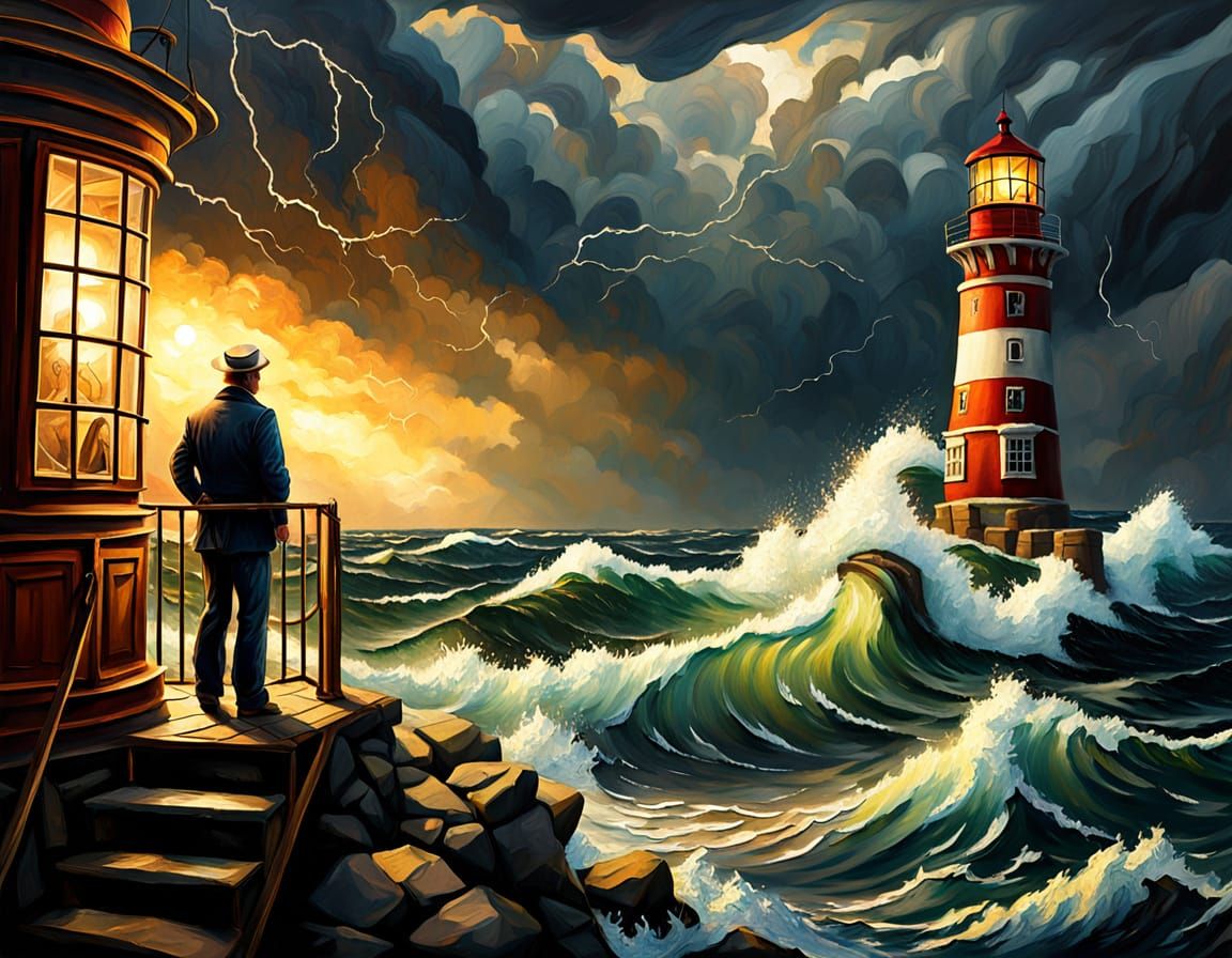 Lighthouse Keeper in Stormy Seas - Oil Painting